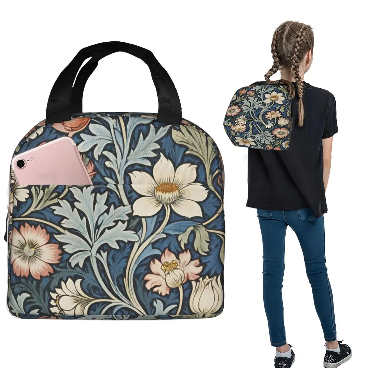 Framed William Morris Botanical Bliss Insulated Lunch Bag for Women Children Leakproof Food Boxes Thermal Lunch Box Tote