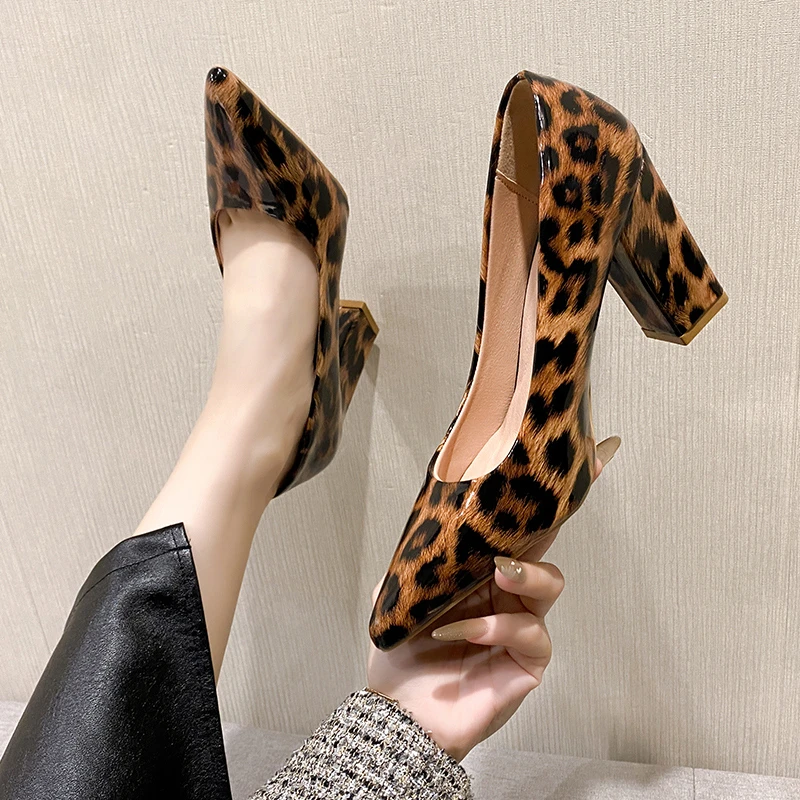 Leopard shoes women thick heels Zapatos Leopardo Mujer high office shoes women\'s sexy high heels women\'s high heels shoes
