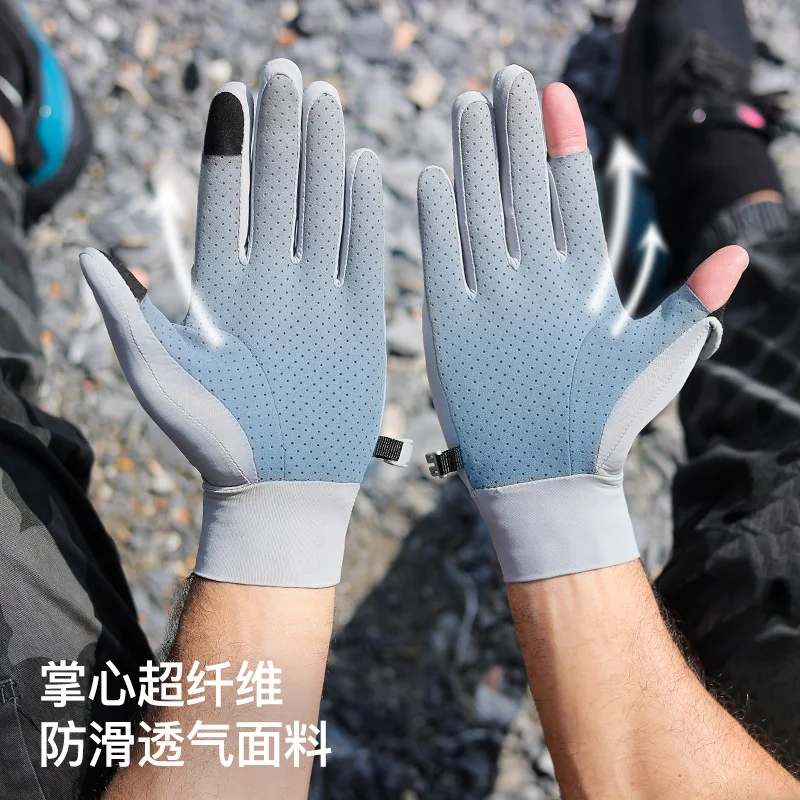 Guantes de protección solar de seda de hielo para hombres, protección UV para deportes al aire libre, guantes de pesca, dedo de rocío antideslizante, pantalla táctil, Verano