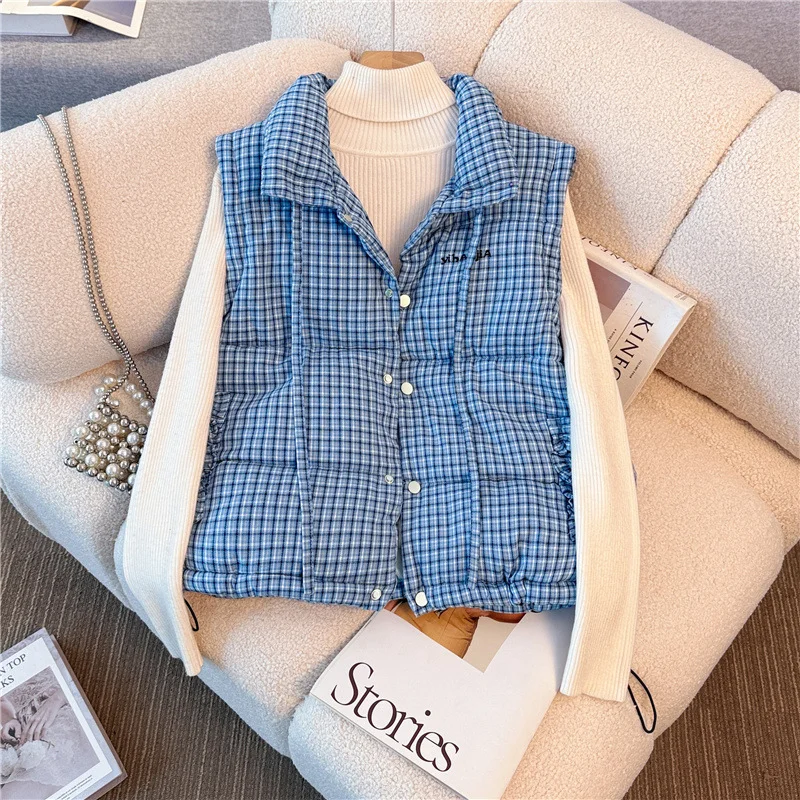 

Retro Plaid Stand Up Collar Short Cotton Vest Women Autumn/Winter Sleeveless Lace Up Bow Top Korean Style Versatile Loose Jacket