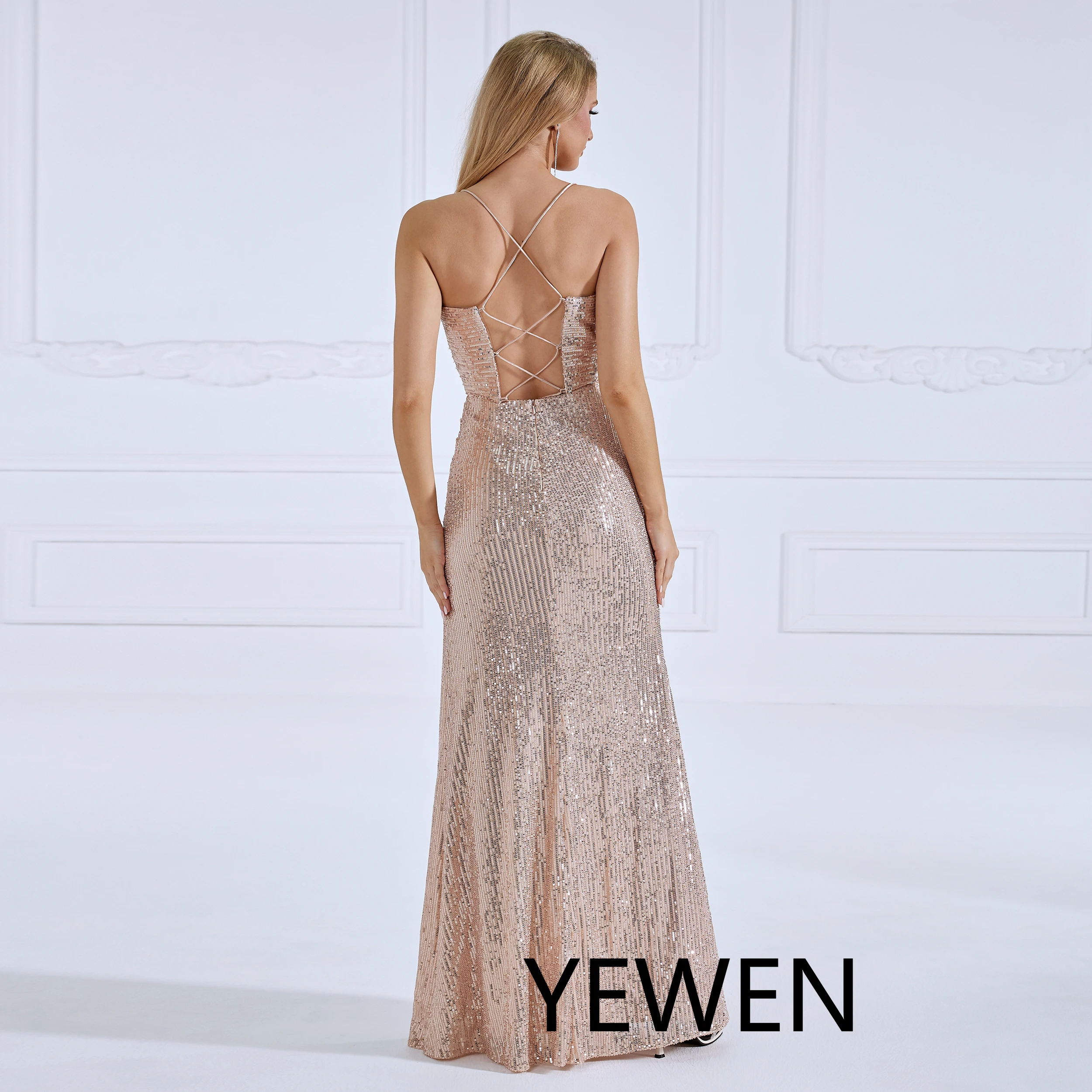 Sequin Spaghetti Strap Draped-Neck High-Slit Prom Gown #22142