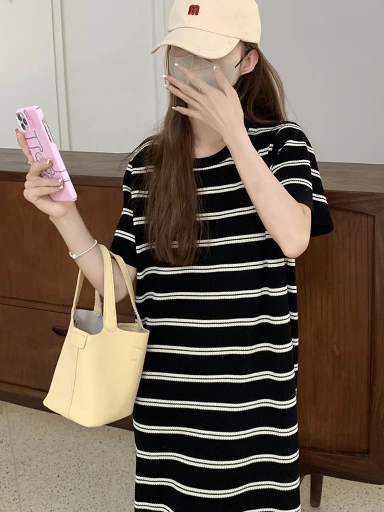 Laid-back Striped Knitted Short Sleeve T-shirt Dress Women Summer Loose Slimming Youthful Straight Casual Long Skirt