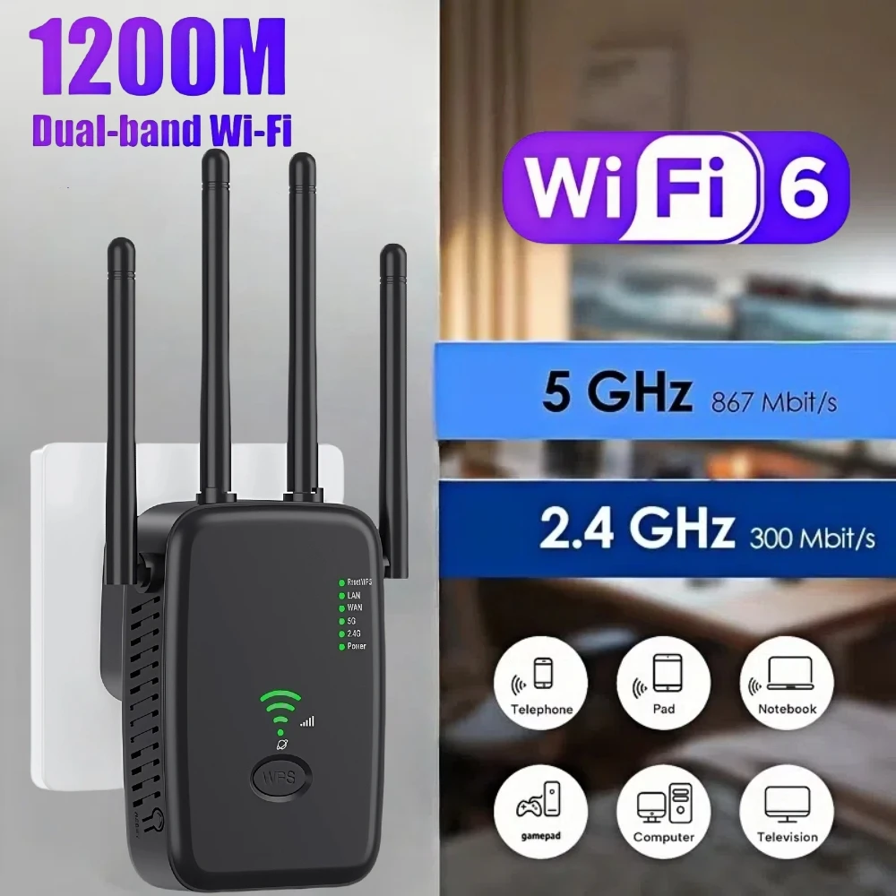 

1200Mbps Wireless WiFi Repeater 5G WIFI Extender WiFi Booster 300 Mbps 2.4G Network Amplifier Long Range Signal For Small Office