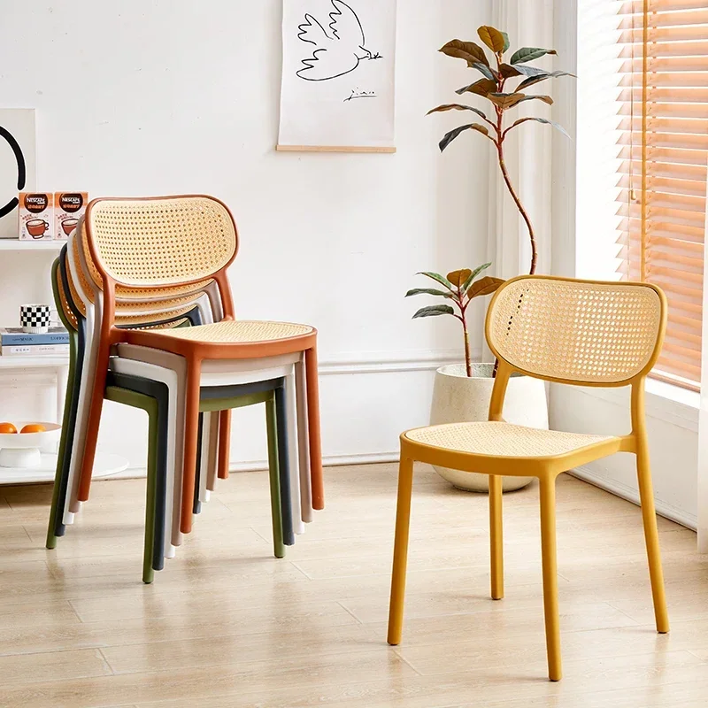 

Modern Rattan Plastic Dining Chair: Household Backrest Chair, Stackable Lounge Seating, Simple Negotiation Area Furniture