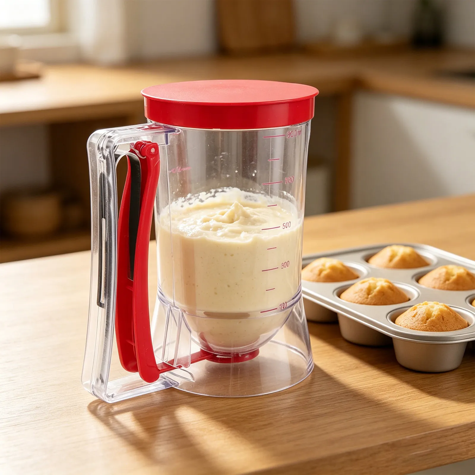 900ml Batter Dispenser Handheld Mixing Pitcher Pourer Squeeze Handle Graduated Funnel Measuring Cup for Cupcake Pancake Cream