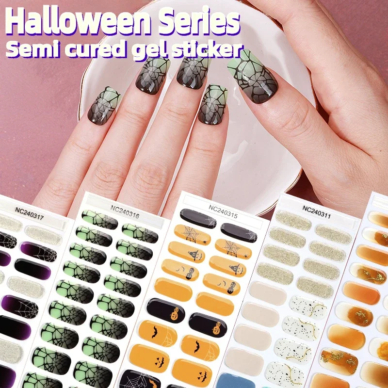 Semi cura Gel Nail Sticker, Dia das Bruxas, Aranha, Teia, Abóbora, Lâmpada UV, Cura, Impermeável, Cobertura Completa de Douramento, Decoração de Unhas