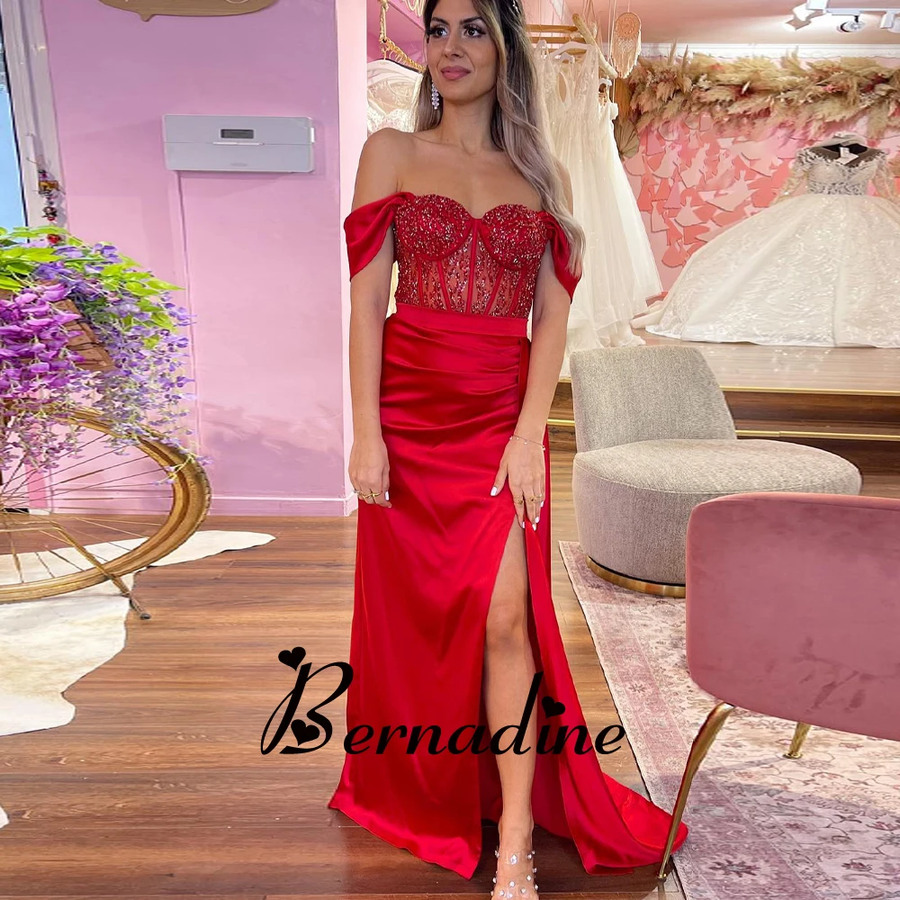 

Bernadine Charming Trumpet Prom Evening Dress Off the Shoulder Backless Slit Beadings Pleated Satin Chapel Train Robes De Soiree