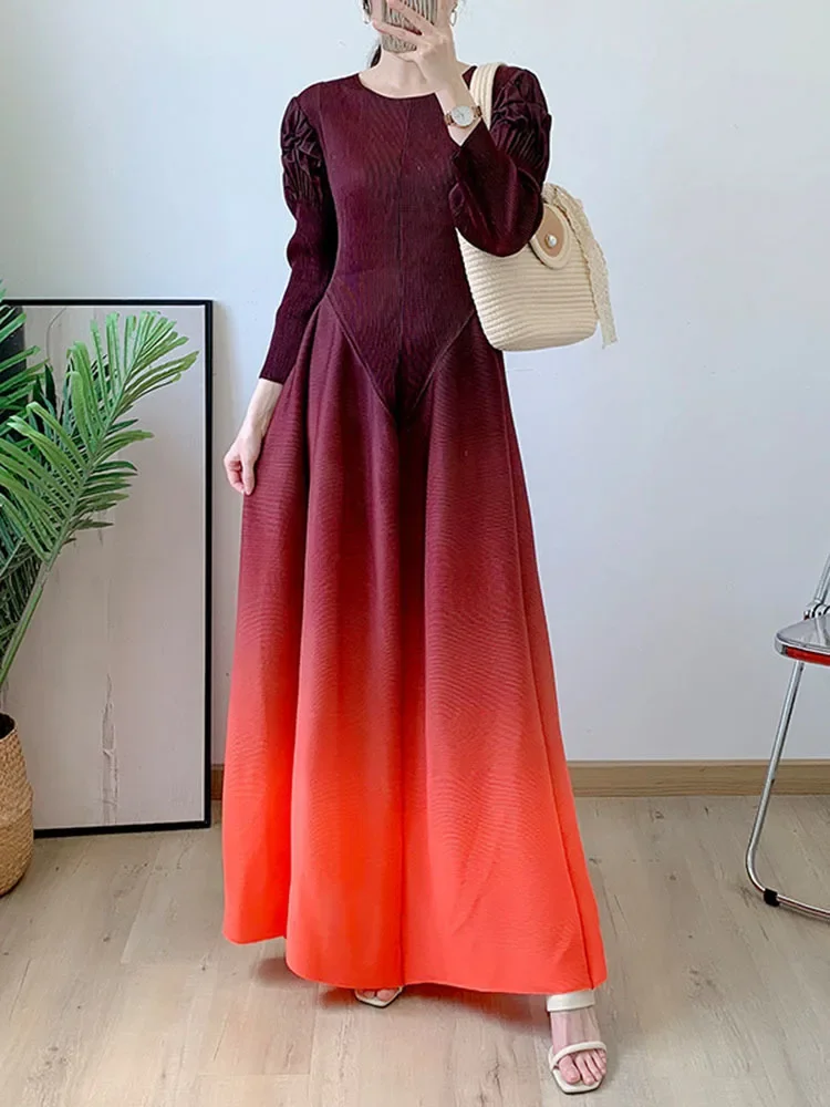 GGHK Miyake High Quality Fashionable and Elegant Dresses New Round Neck Full Sleeves Splicing Ruffles Evening Party Dresses