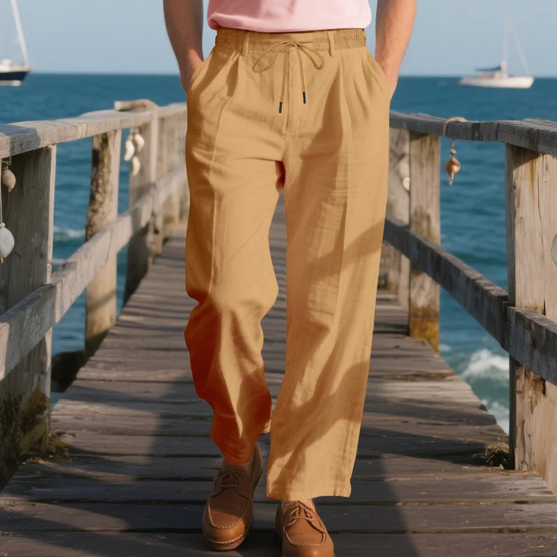 New Summer Men's Breathable Solid Color Cotton and Linen Drawstring Casual Trousers Italian Style