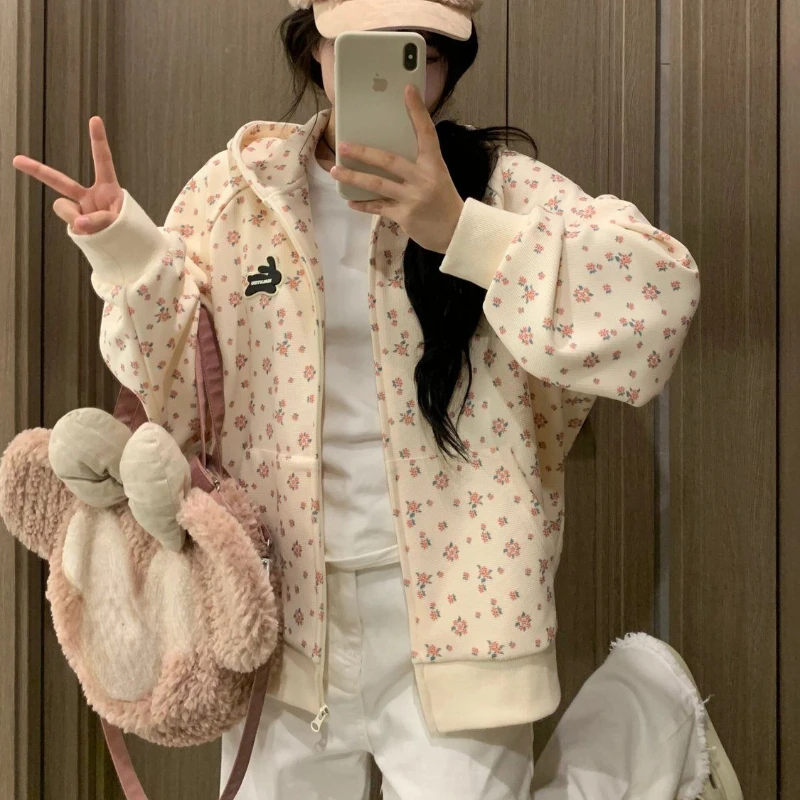 HOUZHOU Korean Fashion Sweet Hoodie for Women Flowers Print Oversize Zip-up Hooded Sweatshirts College Coquette Aesthetic Tops