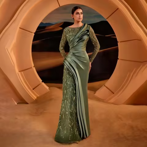 MANRUIXIN Customized Green Beaded Evening Dress O-neck Long Sleeves Pleats Prom Dresses Saudi Arabi Weeding Party Dress Women