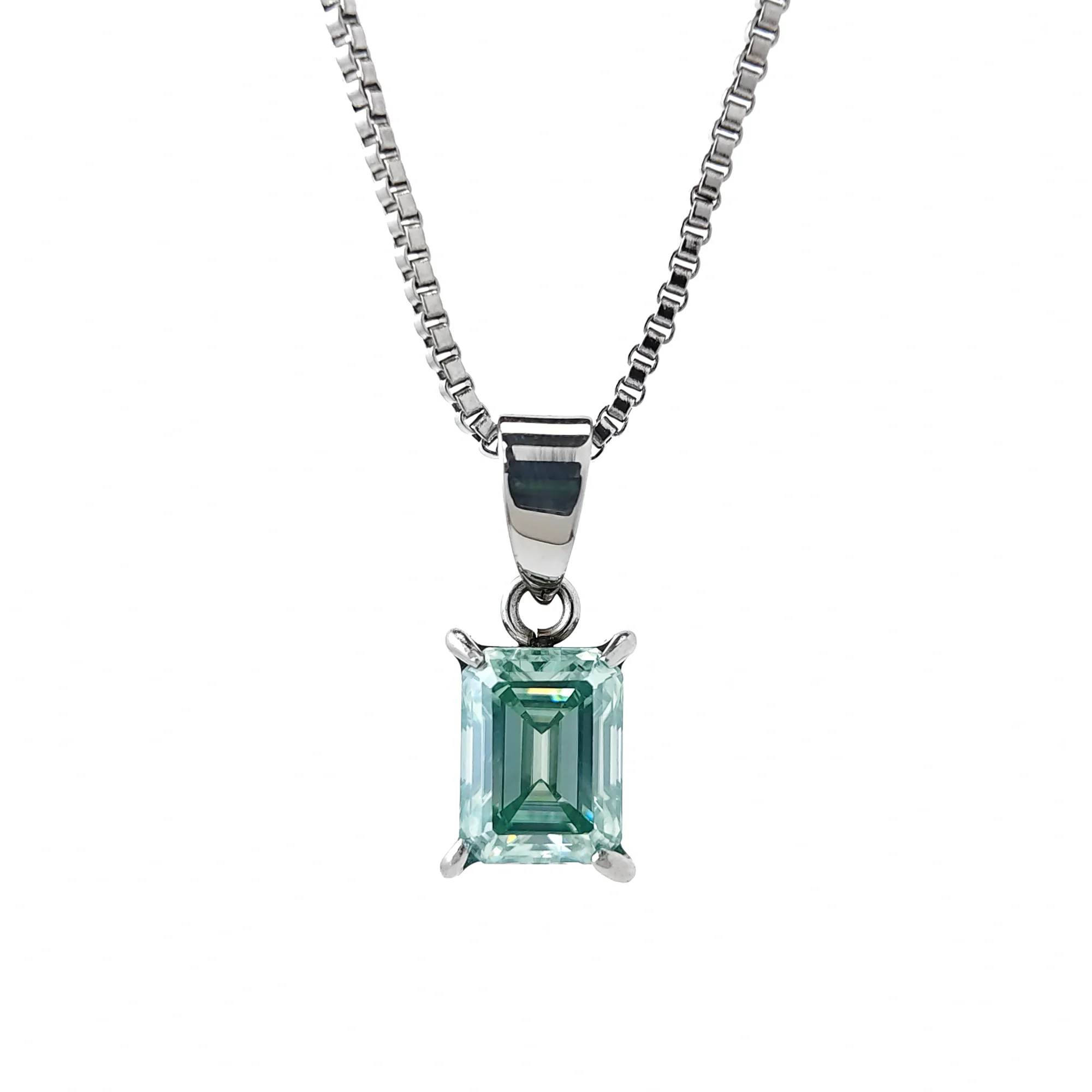 

1pc 2.0 Carat Stainless Steel Blue-Green Rectangular Synthetic Moissanite Necklace, Is An Extremely Charming.