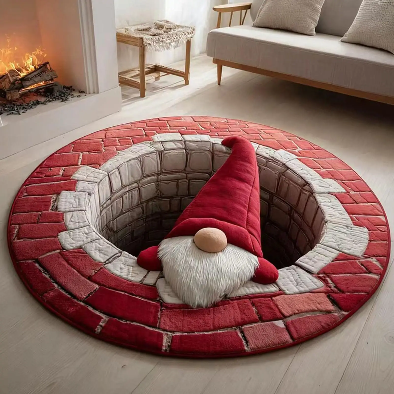 Flat 3D Visual Effects Santa Claus Carpet Doggy Gnome Pattern Quilted Round Mat 40in Christmas Decorations Rug Home Decor
