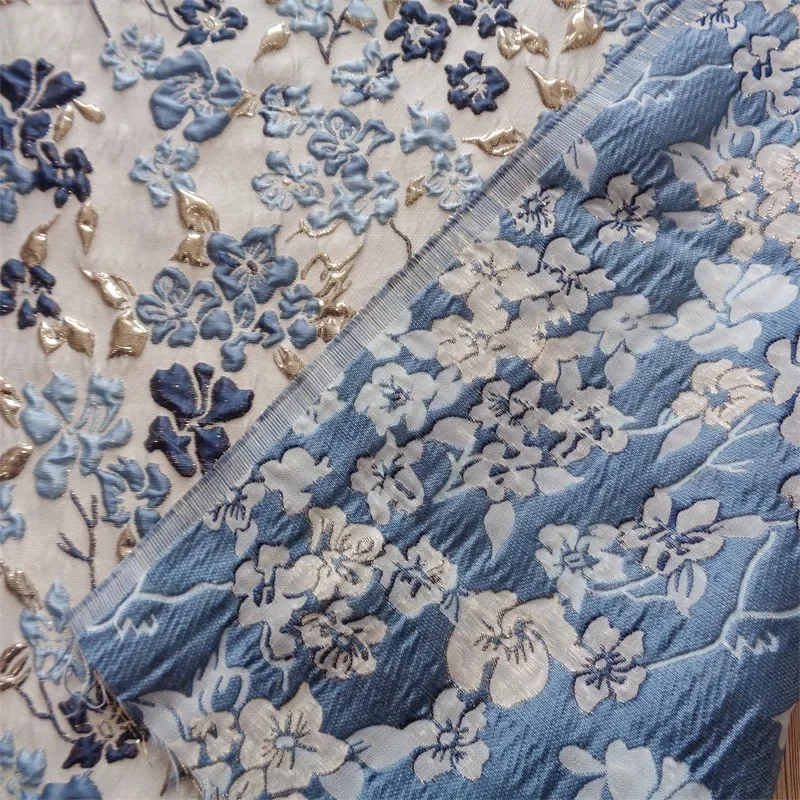 Embossed Jacquard Fabric Brocade blue Gold Floral Design Sewing Material Sofa Cheongsam Dress Garment Fabric 140cm Sold By Meter