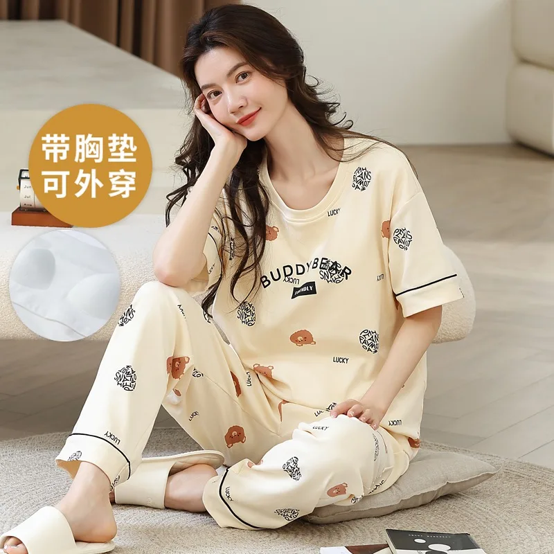 Women\'s Pajamas Set with Bra Pad For Summer Short Sleeve Long Pant Pyjama Loungewear Set Sleepwear Pijama Home Clothing 2024 New