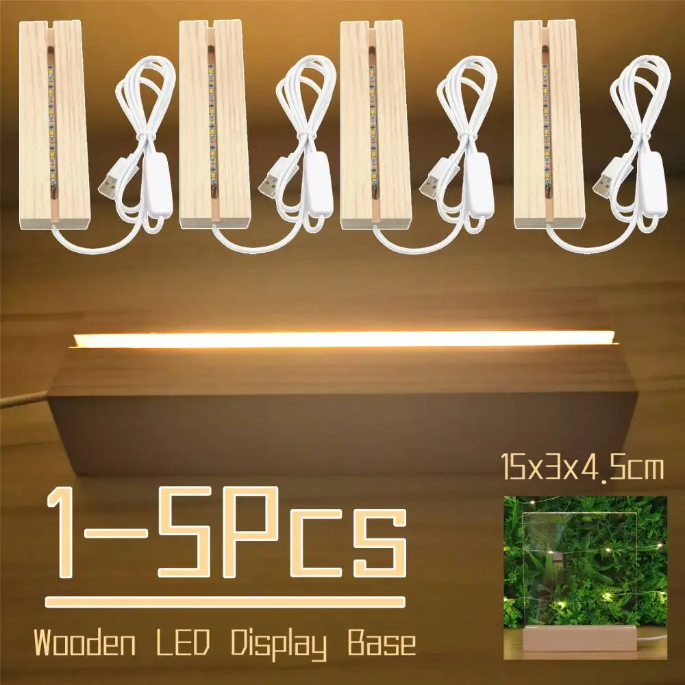 1-5Pcs Acrylic LED Wood Light Display Base USB Powered Wooden Lighted Base Stand for Crystal Glass Art and Desk Decor