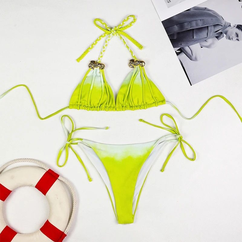 

Green Braid Bikini Swimsuit Women Shirring Swimwear Sexy High Leg Gradient Two Piece Bathing Suit Beachwear Halter Biquini 2025