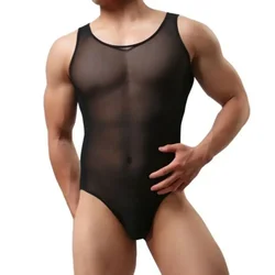 Body Sexy ajustado para hombre, ropa interior con bolsa para bulto, lencería elástica de malla transparente, monos sin mangas