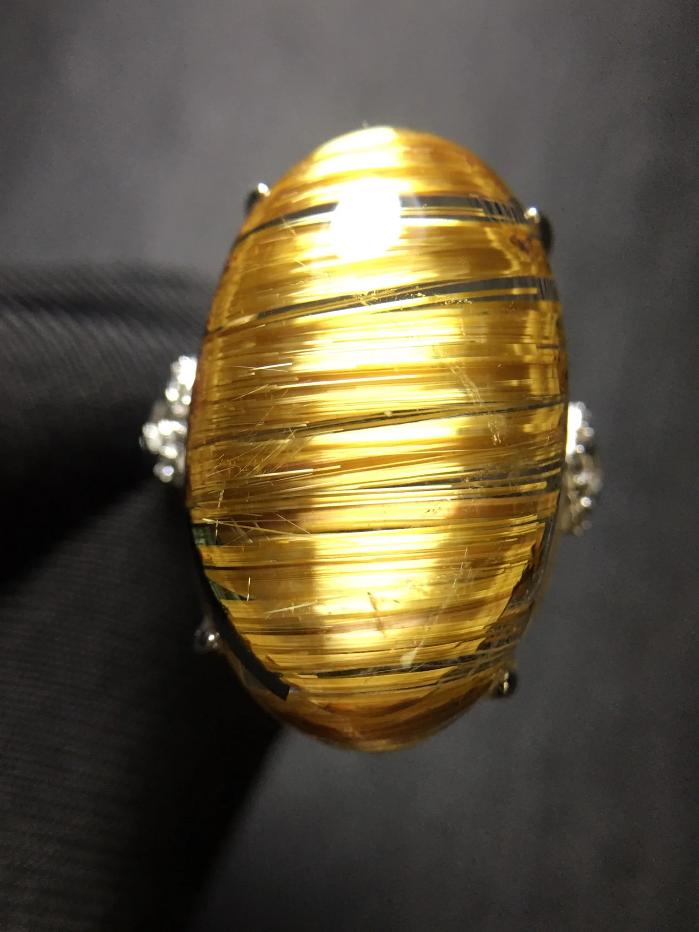 

Natural Gold Rutilated Adjustable Ring Oval Big Women 925 Silver 23*15*10mm Gold Rutilated Beads AAAAAA