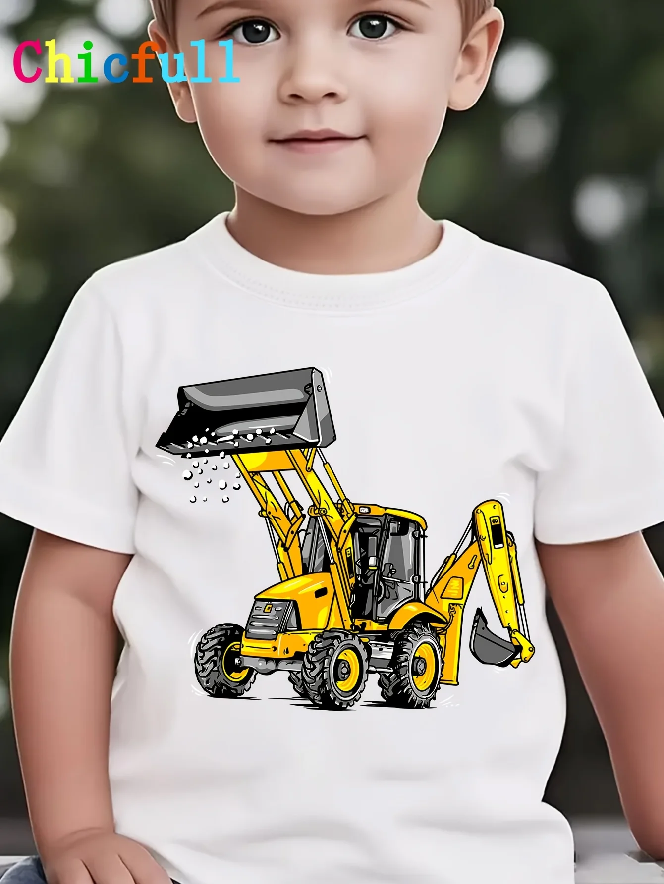 Boys Bulldozer Excavator Construction‑Vehicle Print T‑Shirt Handsome Versatile Casual Summer Crew‑Neck Kids Top