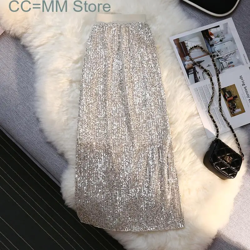 New Sequin Skirts Womens Sexy Club High Fashion A Line High Waisted Hippie Skirts Elastic Band Midi Long Sexy Skirt