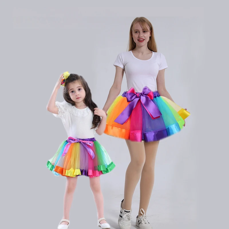 Summer Fashion Girls Rainbow Skirt Mesh Colorful Ballet Short Skirt Dance Performance Puffy Skirt Kids Birthday Party Skirt