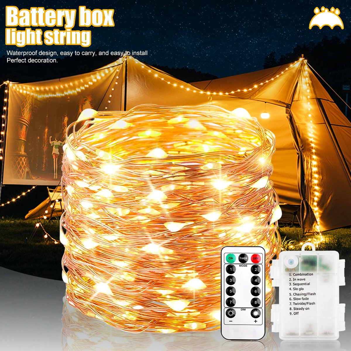 

Outdoor Tent Camping Copper Wire String Light Battery Operated Fairy Light With Remote Control For Bedroom Indoor Xmas Decor