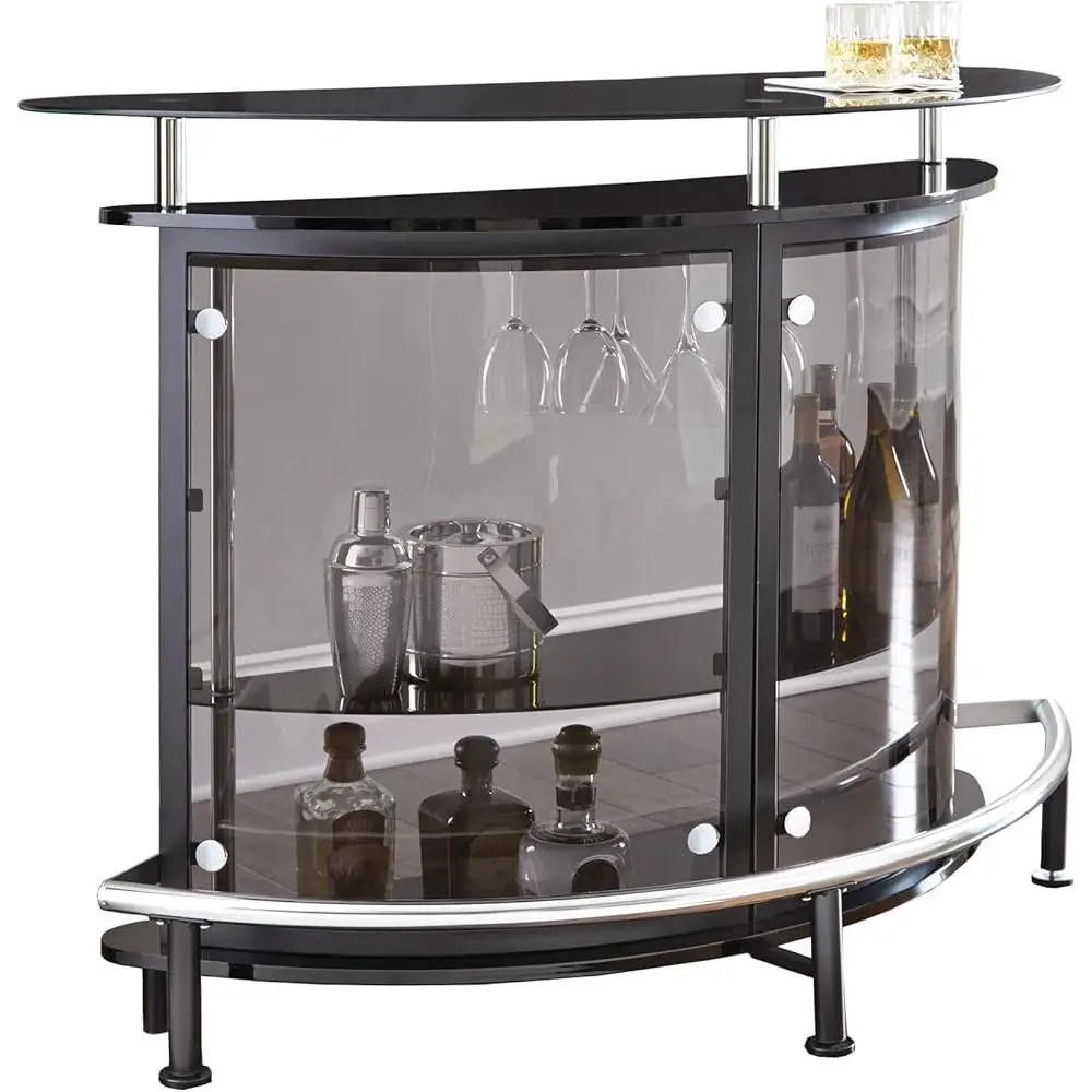 Modern Bar Table with Tempered Glass Shelves and Stemware Rack Footrest Demilune Design Metal Base Levelers Dining Room Pub