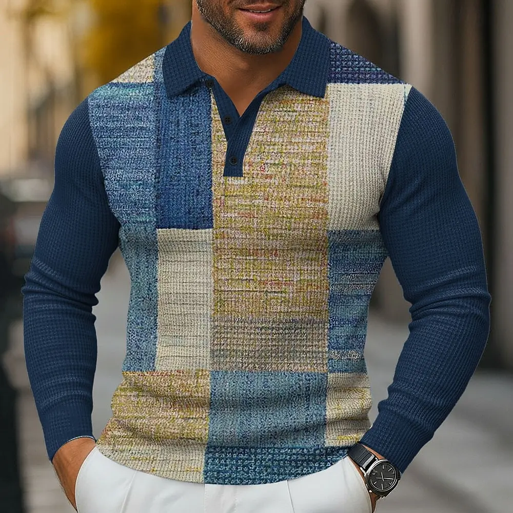 Men's Color Block Geometic Polo Shirt Long Sleeve Collared Shirts Casual Business Wear Daily Wear 3D Print Buttons Fall Winter