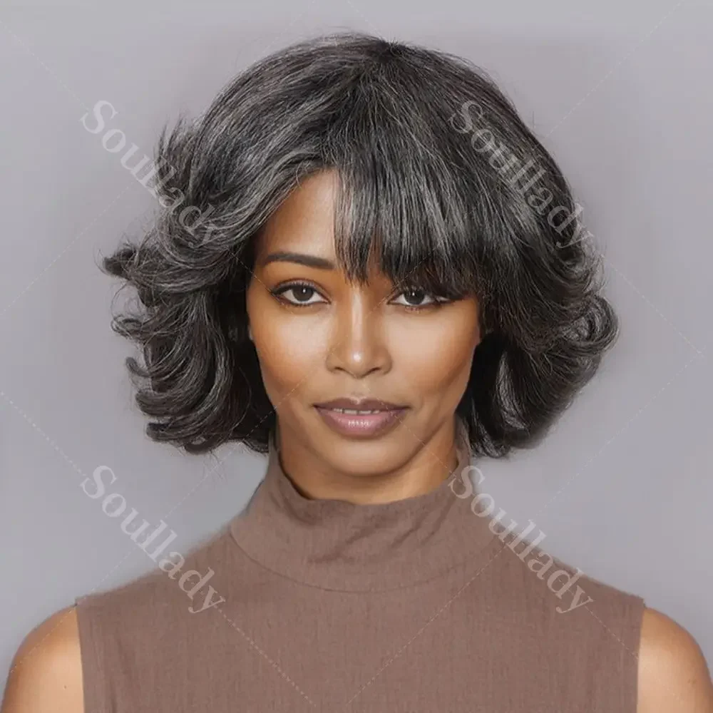 

Soul Lady Trendy Medium Salt and Pepper Natural Wavy Wear Go Glueless Bob Human Hair Wigs With Bangs For Women Over 50