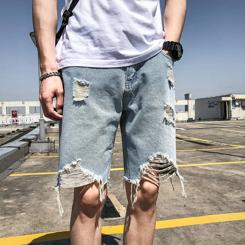 

Beggar Pants Men's Jeans Summer Perforated Denim Shorts Korean Fashion Loose Knee Length Thin Vintage Jeans Men Streetwear