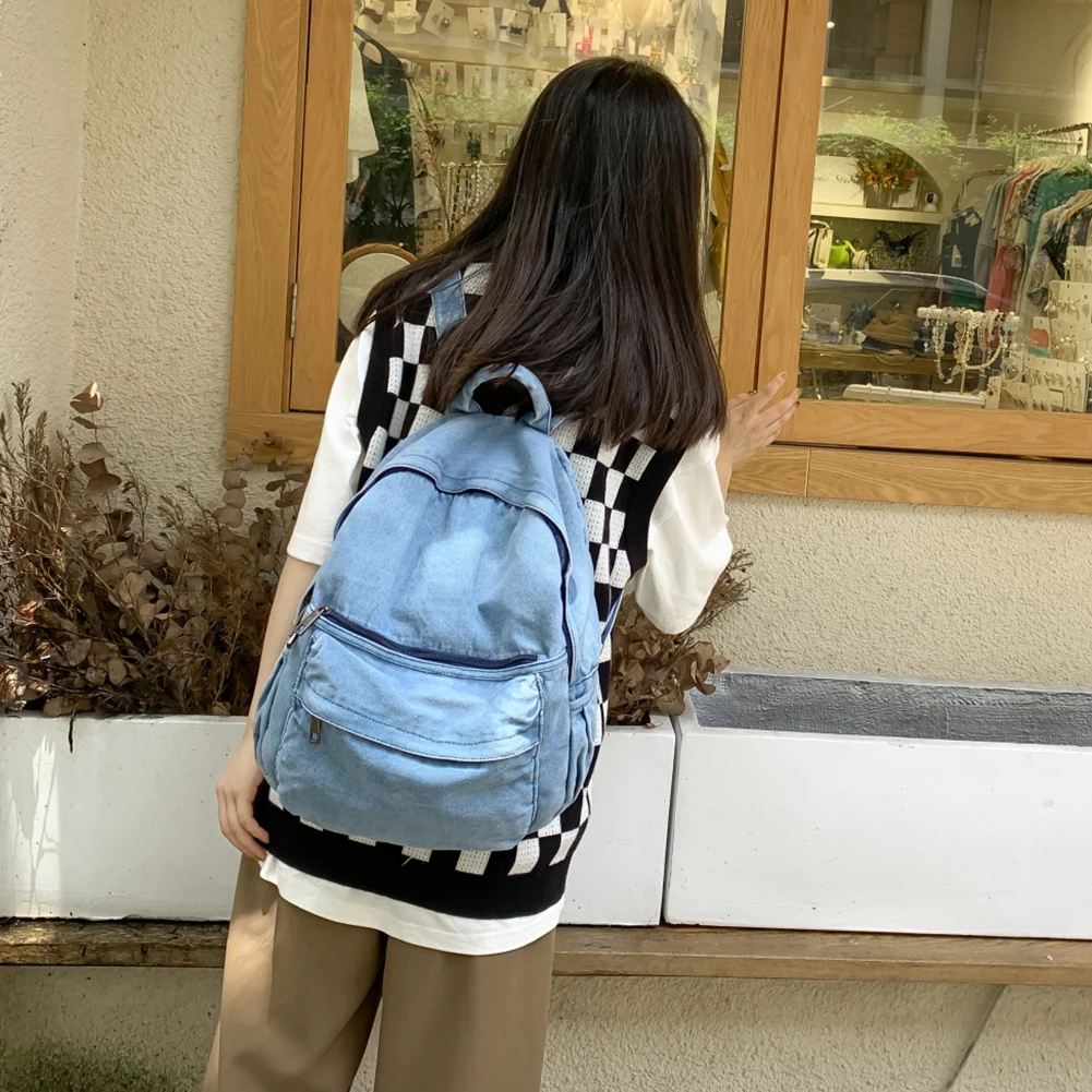 Denim Retro Students Backpack Fashion Solid Outdoor Hiking Backbag Vintage Cowboy Rucksack Large Capacity Zipper Student Bookbag