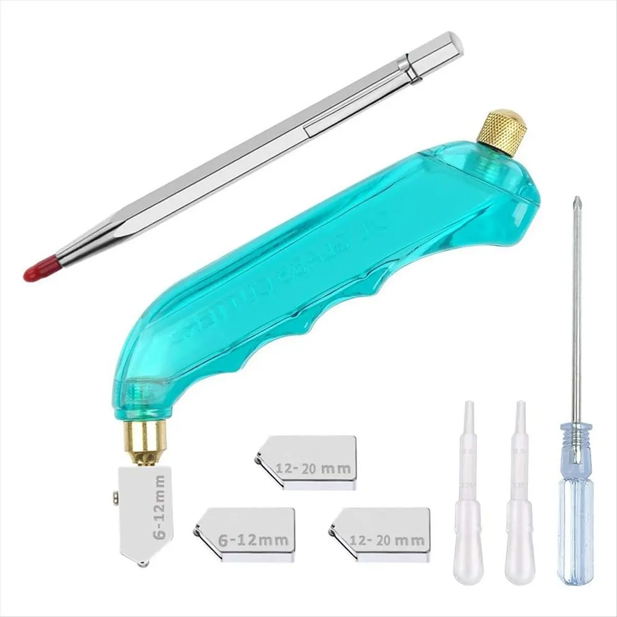 A2433FHOT]Glass Cutting Tool Kit Includes Blue Oil Feed Glass Cutter with 3 Extra Replacement Head(6mm-12mm,12mm-20mm)