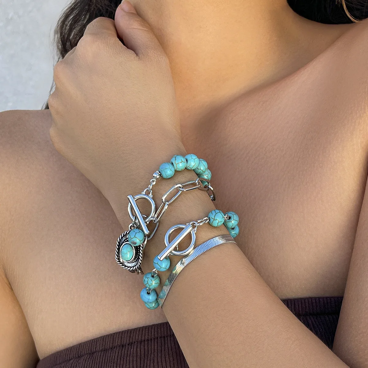 Hot Selling Natural Blue Turquoise Cowboy Hat Personality Multielement Bracelet for Women Four-Piece Set Bracelet Set Jewelry