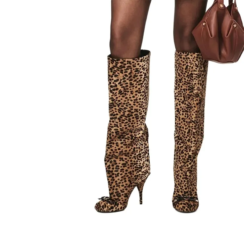 European and American Women's High-heeled Sexy Leopard Print Wide Leg Knee Length Sleeve Fashion Bow Round Toe Boots