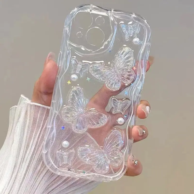 حافظة شفافة لامعة كريستالية ثلاثية الأبعاد لهاتف آيفون 16 15 14 13 12 11 Pro Max Plus XR XS Max غطاء موجة لؤلؤي على شكل نجمة لامعة #1