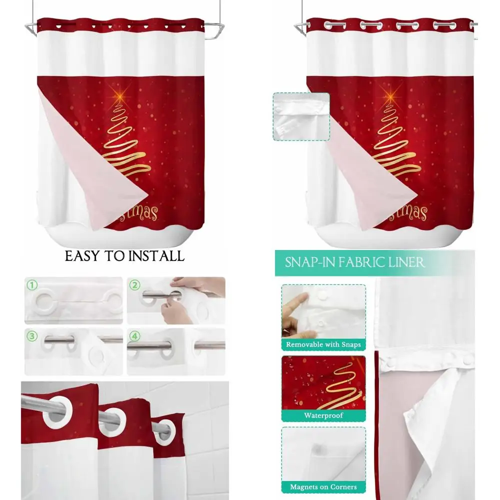 

Red and Gold Christmas Tree Shower Curtain Set, 72x72 Waterproof with Mesh Top and Removable Liner