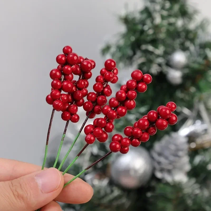 60/1pcs Artificial Red Berries Branches Christmas Holly Berry Stamen Plants Flowers Wreath Xmas Tree Ornaments Party Home Decor