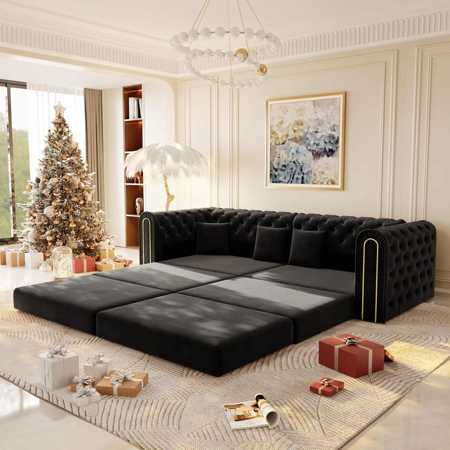 Velvet Folding Sleeper Sofa Bed with Gold Trim, 90.6
