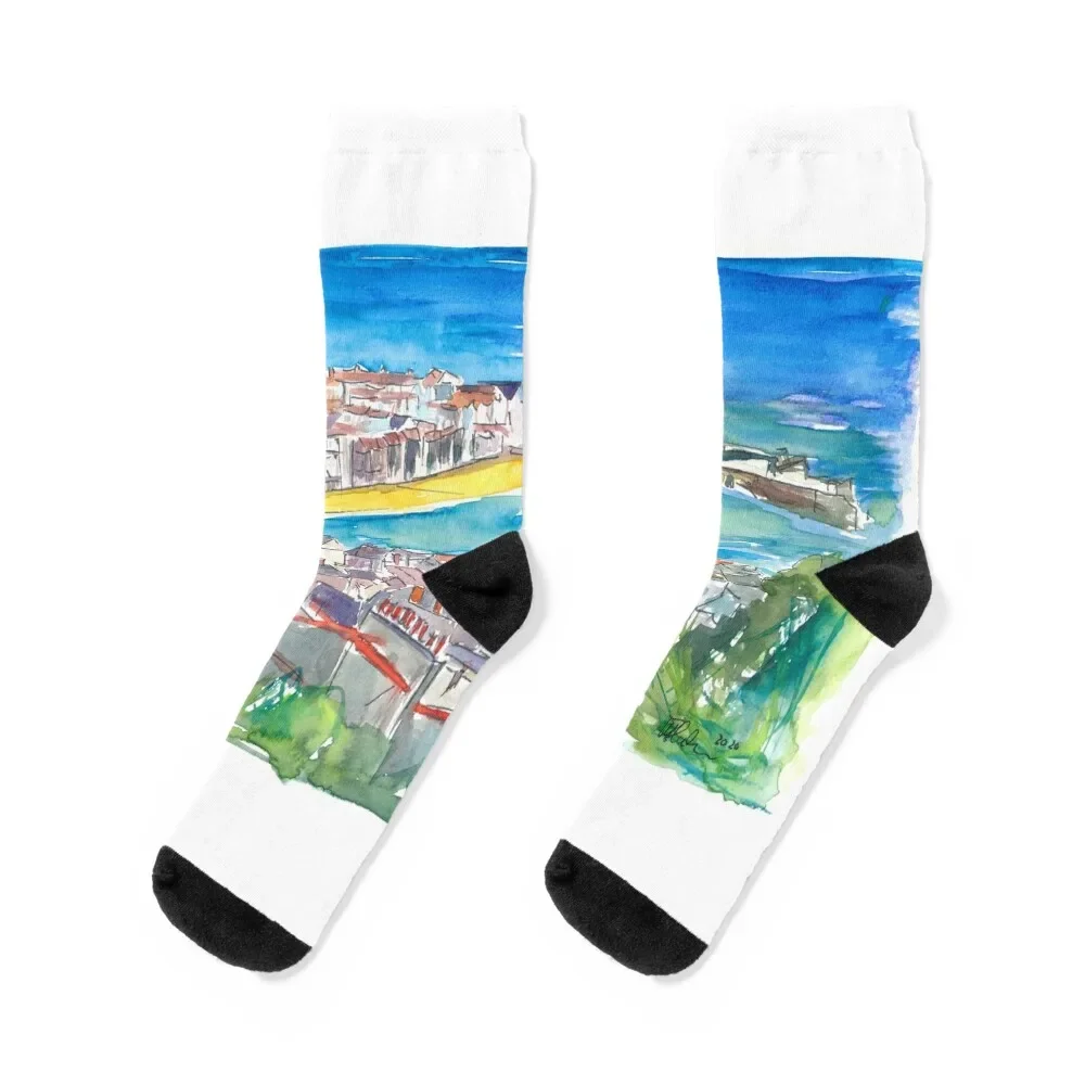 

St Ives Harbour Blue & Turquoise in Cornwall England Socks Rugby halloween winter Toe sports Men Socks Luxury Brand Women's
