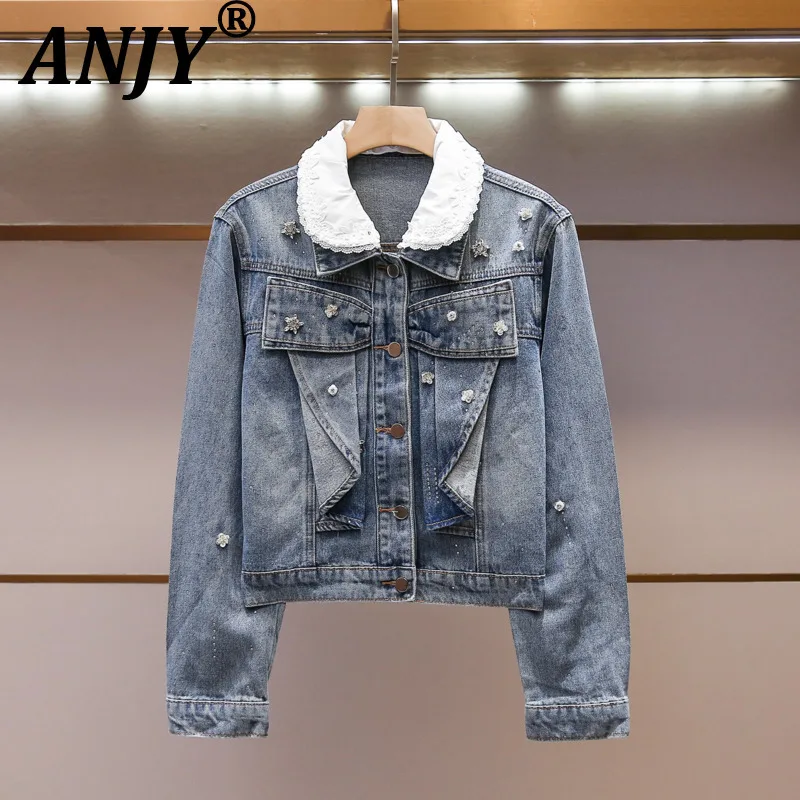 ANJY Women Denim Coat High-end Sweet Peter Pan Collar Patchwork Lace Diamonds Design Distressed Casual Fashion Jacket New A28525