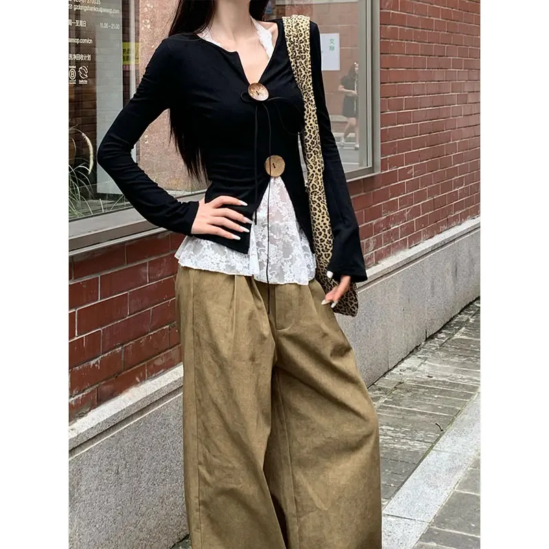 

FIGOHR Fashion Set Women's Design V-neck Knitted Long Sleeve T-shirt 2025 Spring New Casual Wide Leg Pants 3-Piece Set