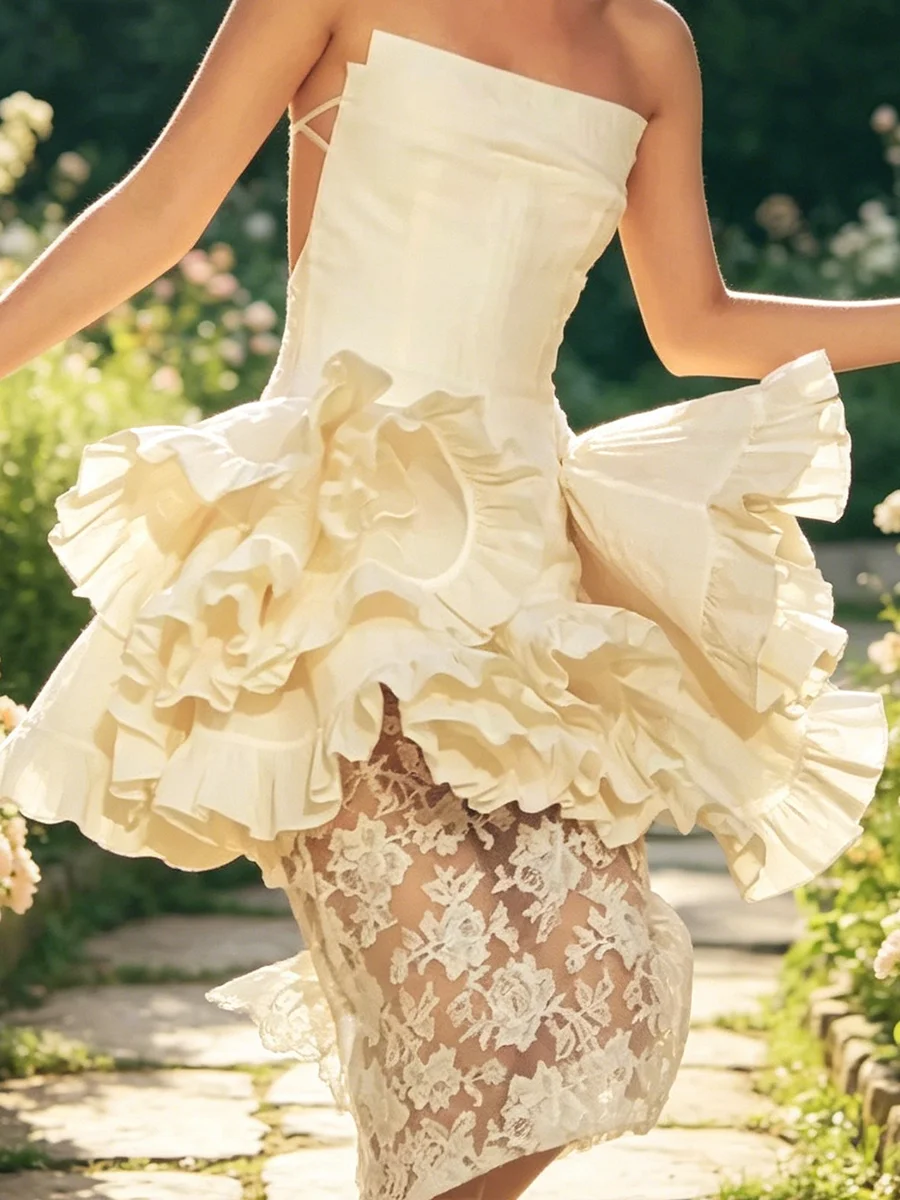 Vintange Strapless Lace Up Ruffles Floral Straight Bride Wedding Dresses Bridal Gowns Customized