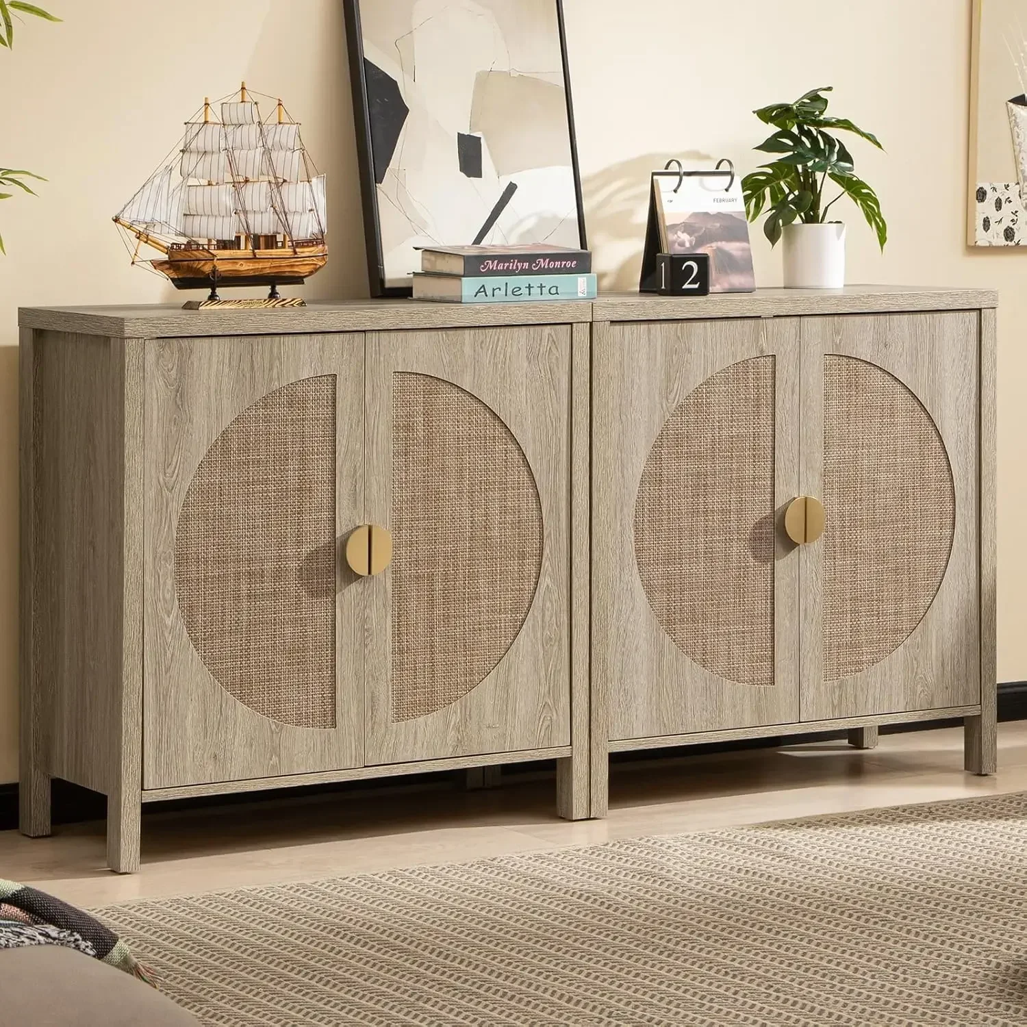Retro Wooden 2 Set Natural Rattan Buffet Cabinet  Sideboard Storage Cabinet , Console Table, Kitchen