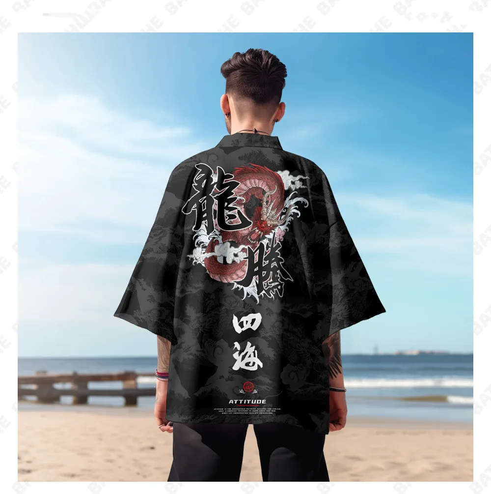 

Streetwear Black Cardigan Yukata Cosplay Dragon Print Samurai Shirt Chinese Traditional Haori Kimono Women Men