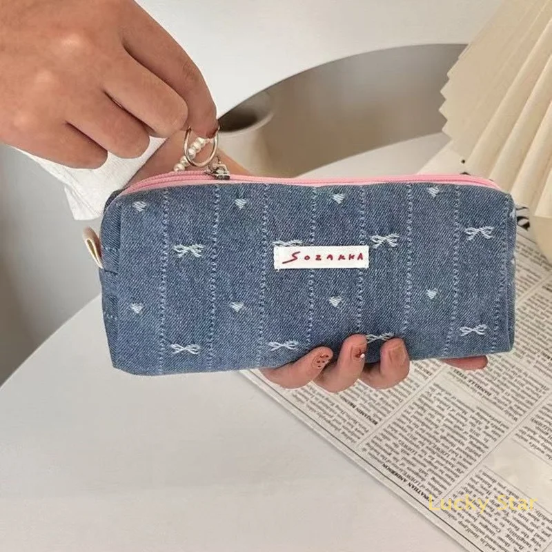 Ins Style Denim Pencil Case Cute Multi Functional Large Capacity Stationery Organizer Storage Bag Student Pen Bag Makeup Bag