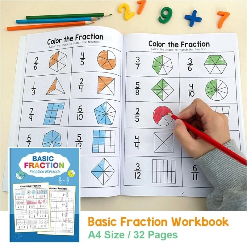 Basic Fraction Practice Workbook 32 Page for Children Logical Thinking Development Educational Fraction Exercise Book best sale