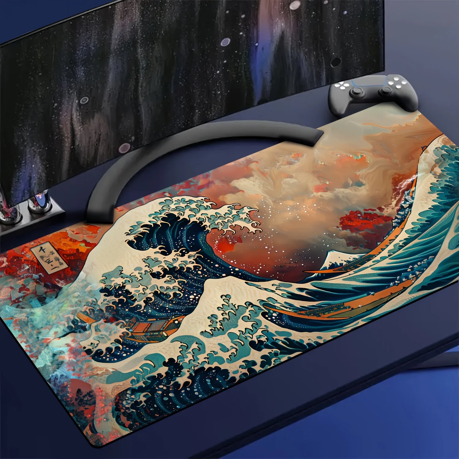 

[Large Non-Slip Ukiyoe Waves Mousepad] Ukiyoe Waves Rubber Mouse Pad - Washable, Non-Slip Large Desk Mat, Office Desk Accessorie