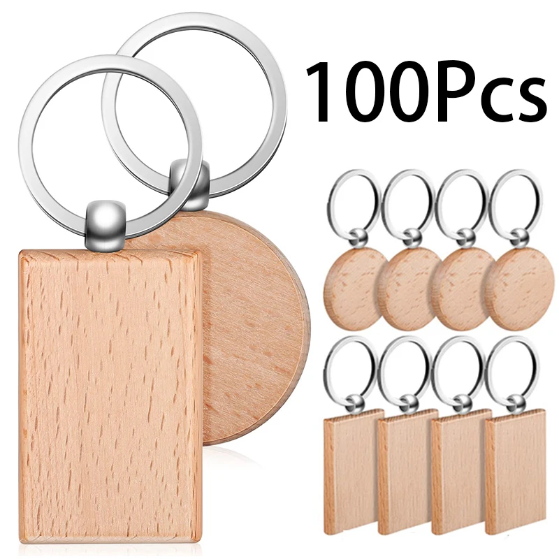 

100Pcs Wooden Keychain Beech Keychain Wooden Keyrings