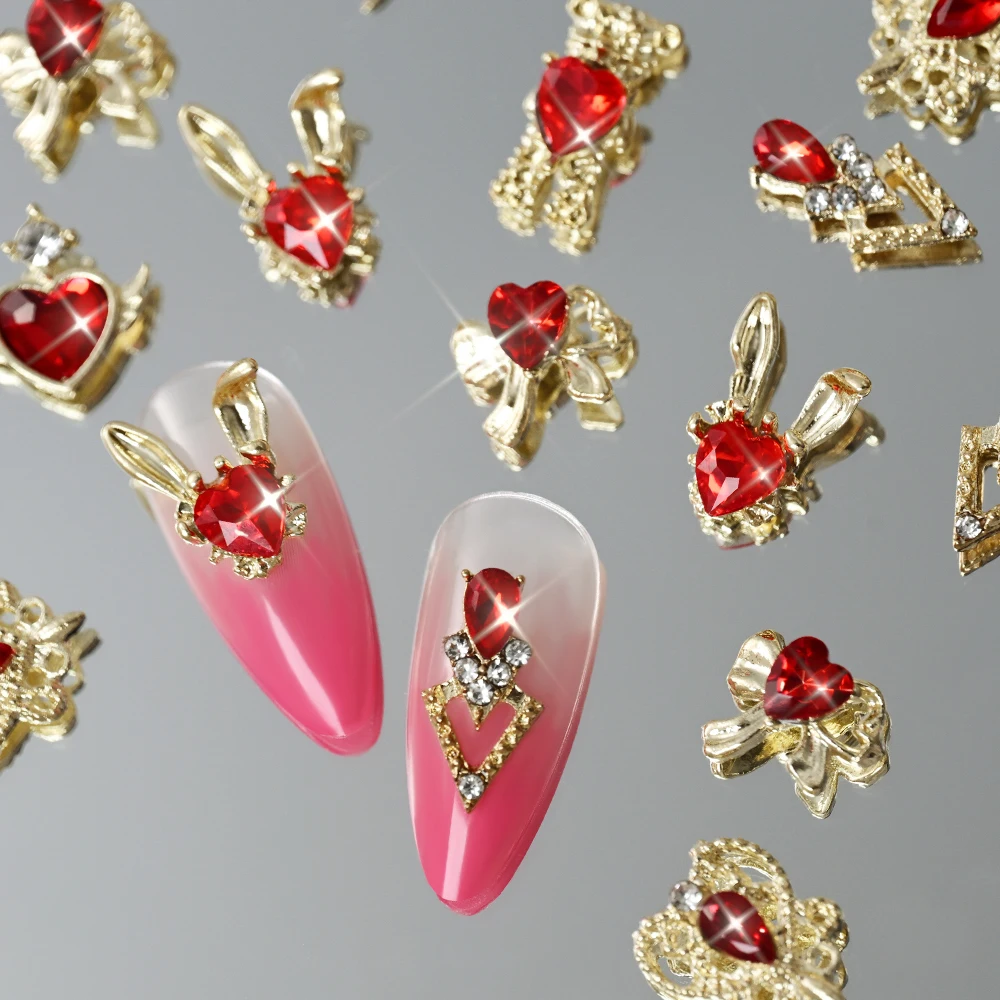 6칸 3D 럭셔리 메탈 합금 하트 지르콘 네일 아트 참 장식품, 홀로그램/리본/곰/토끼 모양, 레드 하트 글라스 라인스톤 네일 데코